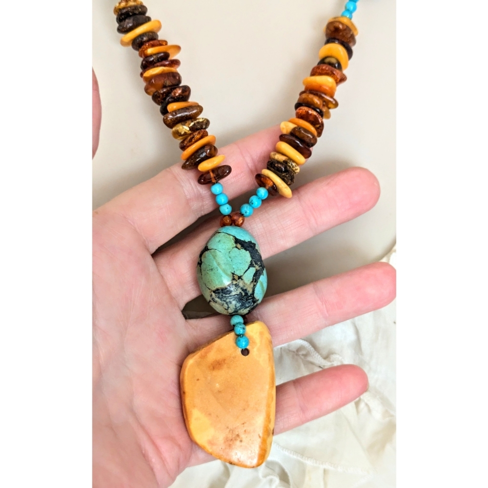 Sterling Egg Yolk Baltic Amber Blue Turquoise Chunks Beaded Pendant Necklace 22" - Picture 4 of 12